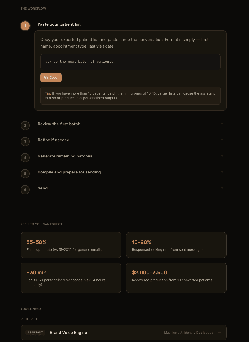 Guideable Use Case Workflow: step-by-step instructions with copy-ready prompts and result metrics